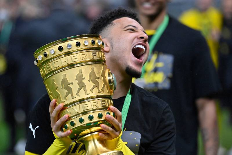 Burussia Dortmund's Jadon Sancho after beating RB Leipzig to win the German Cup (DFB Pokal) final on May 13, 2021.