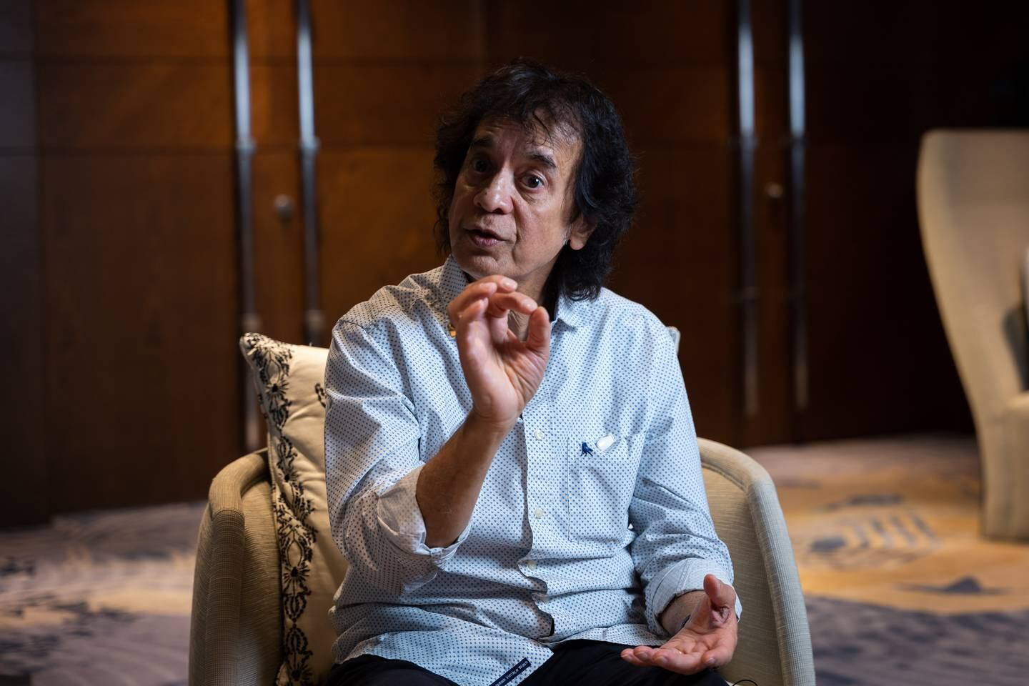 Zakir Hussain speaks to 'The National' from the Aga Khan Music Awards in Muscat Oman. Photo: Christopher Wilton-Steer