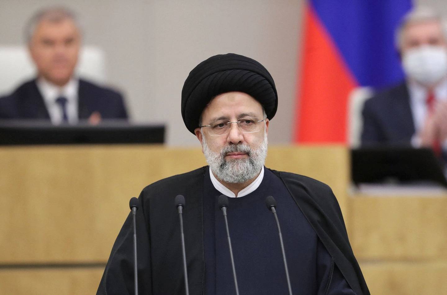Iranian President Ebrahim Raisi delivers a speech during a session of the State Duma, the lower house of Russia's Parliament, in Moscow. Russian State Duma/Handout via Reuters