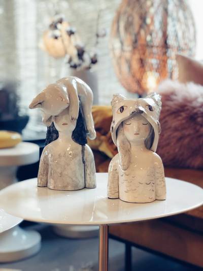 Ceramic feline figurines by French sculptor Clementine De Chabaneix at Comptoir 102