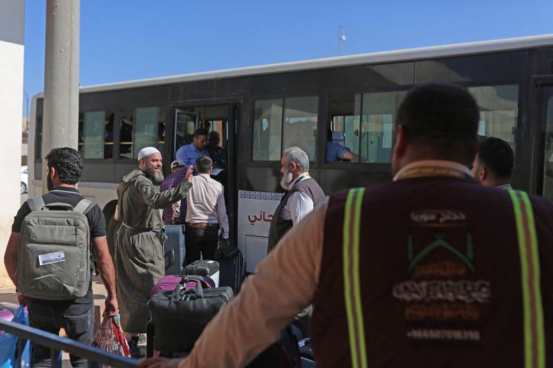 Hajj pilgrims begin their journey from the Bab Al Hawa crossing to Saudi Arabia. AFP