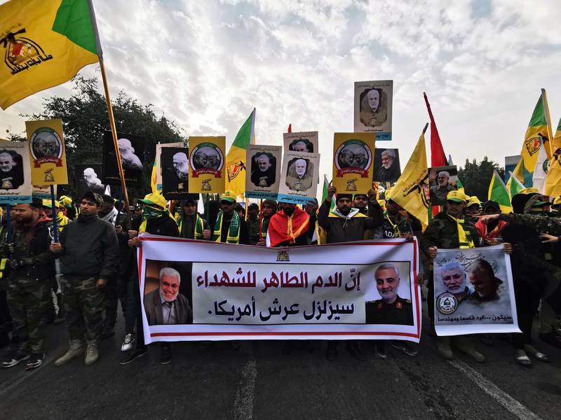 Iraq's Popular Mobilization Forces hold a funeral for the Iranian Major-General Qassem Suleimani, top commander of the elite Quds Force of the Revolutionary Guards, and the Iraqi militia commander Abu Mahdi al-Muhandis, who were killed in an air strike at Baghdad airport, in Baghdad. Reuters