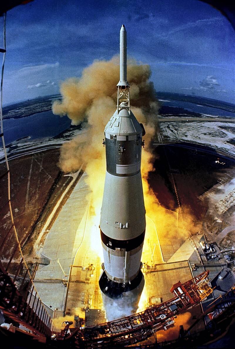 The huge, 363-foot tall Apollo 11 Spacecraft 107/Lunar Module S/Saturn 506) space vehicle is launched from Pad A, Launch Complex 39. Kennedy Space Center (KSC), at 9:32 a.m. (EDT) in this 16 July 1969. Onboard the Apollo 11 spacecraft were astronauts Neil A. Armstrong, commander; Michael Collins, command module pilot; and Edwin E. Aldrin, Jr., lunar module pilot. Apollo 11 is the United States first lunar landing mission. While astronauts Armstrong and Aldrin descend in the Lunar Module (LM) "Eagle" to explore the Sea of Tranquility region of the Moon, astronaut Collins will remain with the Command and Service Modules (CSM) "Columbia" in lunar-orbit. AFP PHOTO / NASA (Photo by HO / NASA / AFP)