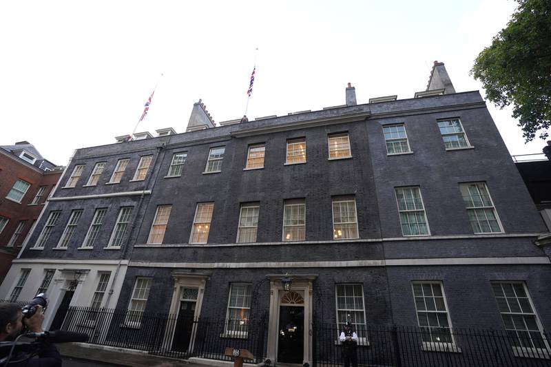 The Union Flag above Downing Street, in central London is flown at half mast following the announcement of the death of Queen Elizabeth II. PA