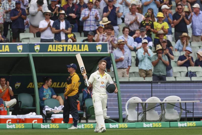 Australia's David Warner acknowledges the crowd after he got out for 200 at the Melbourne Cricket Ground. AP