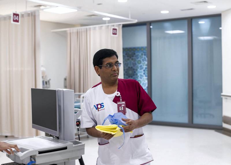 ABU DHABI, UNITED ARAB EMIRATES. 23 MARCH 2020.Nurse George Masih.Nursing team from VPS healthcare have been working around the clock for two weeks to test thousands of airline passengers arriving into the UAE for Covid-19.(Photo: Reem Mohammed/The National)Reporter:Section: