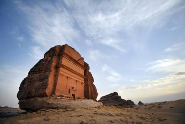Carved rose-coloured sandstone mountains in the Nabataean archaeological site of al-Hijr (Madain Saleh) near the northwestern town of al-Ula, Saudi Arabia, which dates back to the first century BC. AFP PHOTO