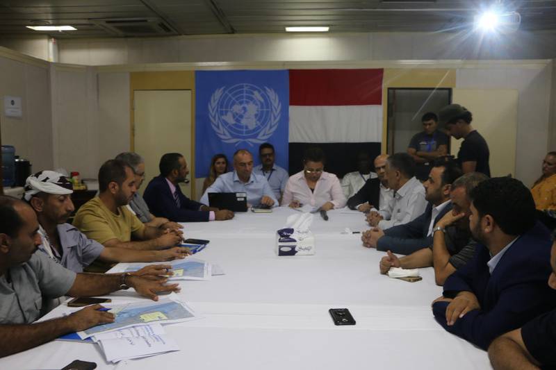 epa07719399 Lieutenant-General Michael Lollesgaard (C), head of the UN's redeployment coordination committe, chairs the meeting between representatives of Houthi rebels (R) and the Yemeni government (L) on board a UN ship off the port city of Hodeidah, Yemen, 15 July 2019. Over two days, representatives of the Houthi rebels and the Saudi-backed Yemeni government met on board a UN ship to reach a new agreement for measures to facilitate troops withdrawl and ceasefire at the port city of Hodeidah.  EPA/STR