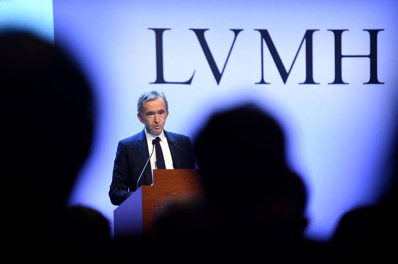 LVMH Chairman and Chief Executive, Bernard Arnault, addresses the presentation of the group's 2019 results at LVMH headquarters in Paris, on January 28, 2020. - French luxury goods giant LVMH posted record 2019 sales of more than 50 billion euros on January 28, 2020, and said it would strive to stretch its lead in the global market this year. (Photo by ERIC PIERMONT / AFP)