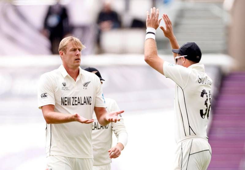 New Zealand bowler Kyle Jamieson celebrates after taking the wicket of India's Ishant Sharma for four. Reuters
