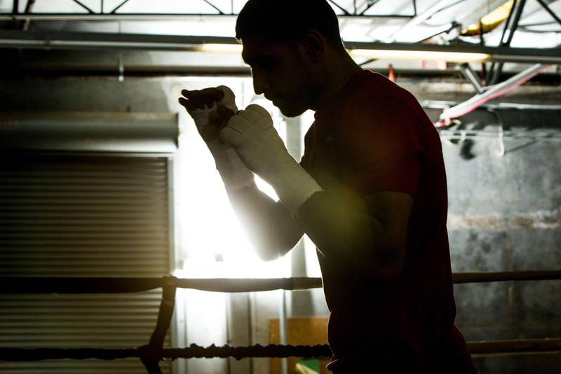 Amir Khan in action during a workout session at Virgil Hunter’s Gym on April 24, 2014 in Hayward, California. Kahn is preparing to take on Luis Collazo at the MGM Grand in Las Vegas on May 3, 2014. Alexis Cuarezma/Getty Images/AFP