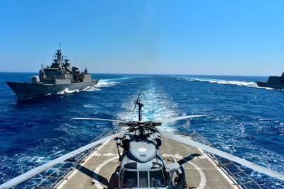 Greek warships take part in military exercises in Eastern Mediterranean sea, as tensions rise with Turkey over the waters. Greek Defense Ministry/AP