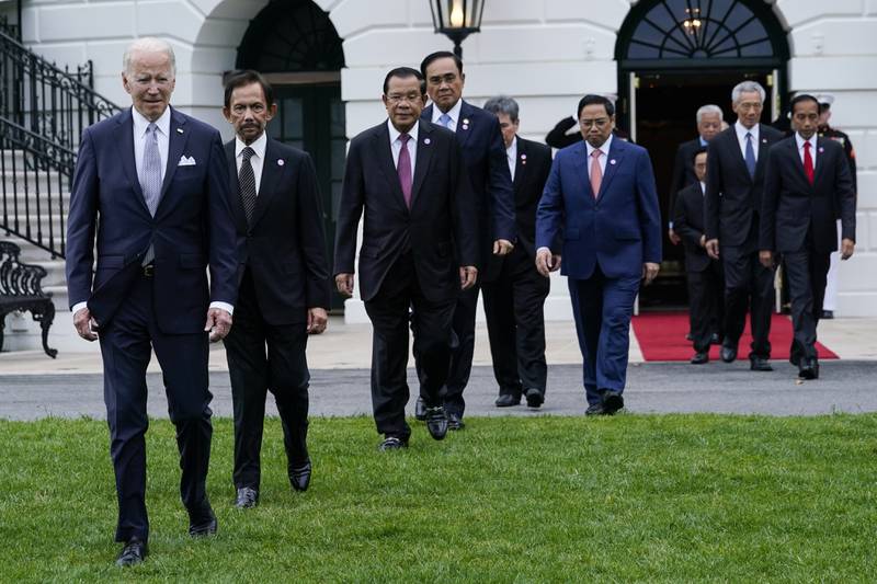 US President Joe Biden and leaders from the Association of South-East Asian Nations arrive for a group photo on the South Lawn of the White House in Washington last Thursday. AP Photo