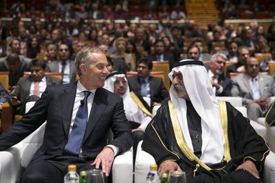 Former UK Prime Minister Tony Blair and Sheikh Nahayan bin Mubarak, the Minister of Youth, Culture and Community Development, talk at the official opening of the Global Education and Skills Forum opening ceremony on Saturday evening. Silvia Razgova / The National / March 15, 2015