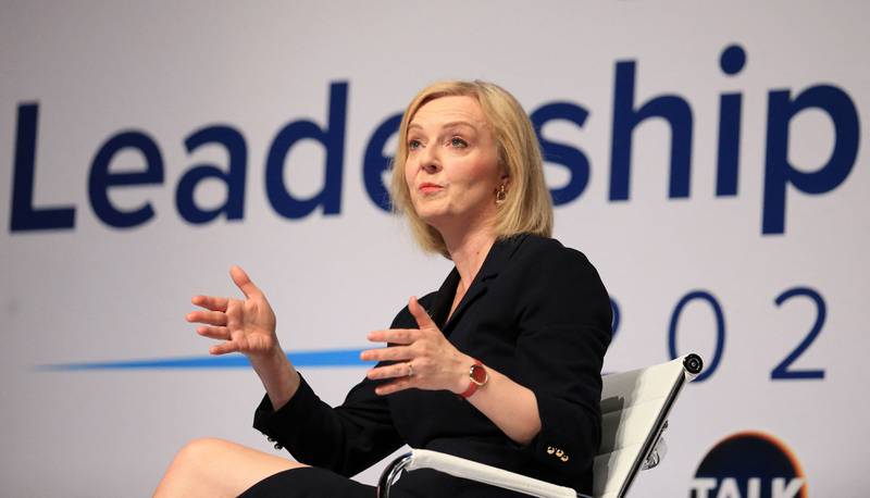 Britain's Foreign Secretary and Conservatives leadership contender Liz Truss speaks at the hustings event in Darlington, north-east England, on Tuesday. AFP