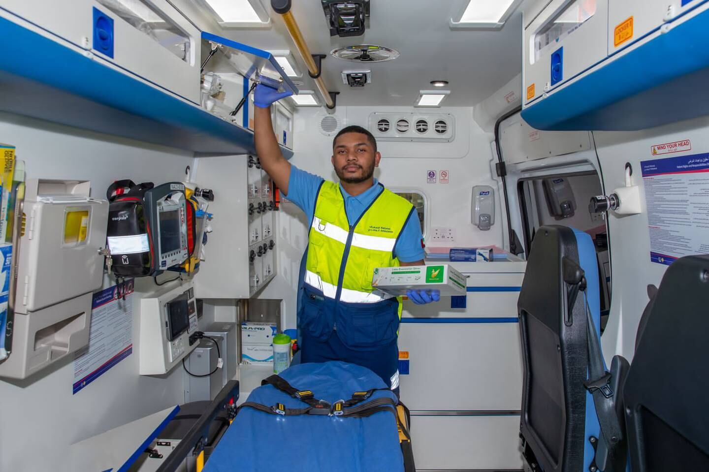 National Ambulance medic Mubarak Al Basti in his ambulance. Photo: National Ambulance