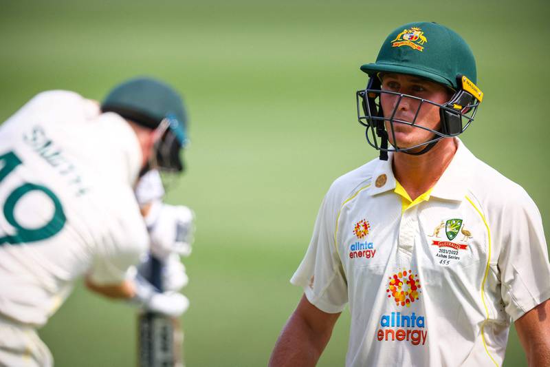 Australia's Marnus Labuschagne walks off after being dismissed by England's Jack Leach for 74 runs. EPA