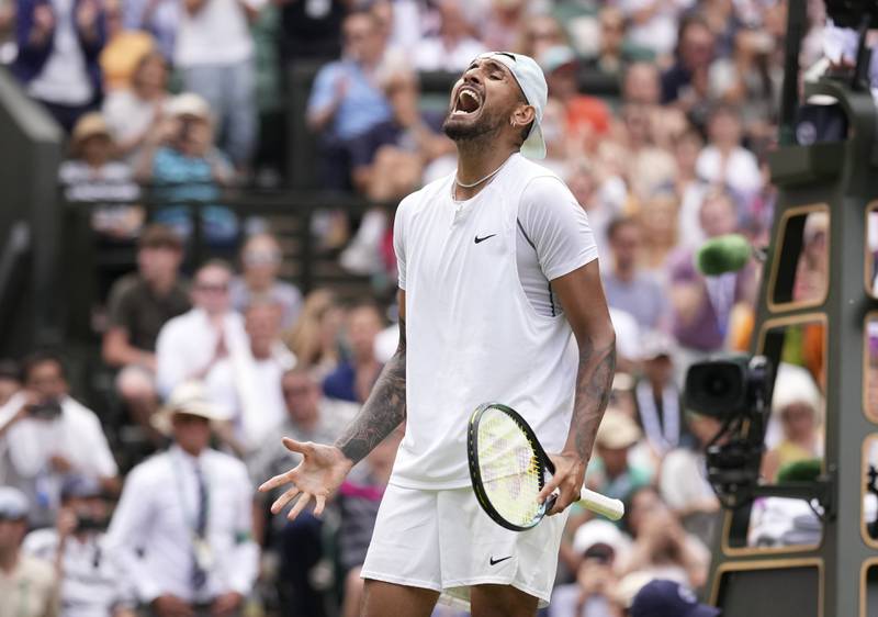 Australia's Nick Kyrgios celebrates after beating Brandon Nakashima of the US in five sets in their last-16 match on day eight of the Wimbledon Championships in London, on Monday, July 4, 2022. AP 