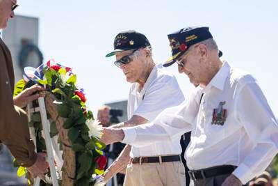 Second World War veterans lay a wreath during a commemoration of D-Day in Washington. EPA