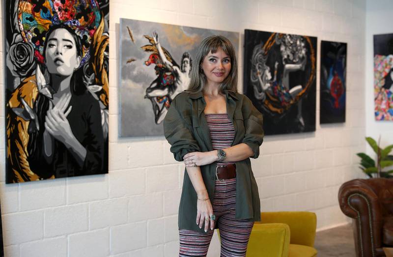 DUBAI, UNITED ARAB EMIRATES , May 27  – 2020 :- Artist Kristel Bechara at her studio in the Onyx Tower 1 in the Greens in Dubai. (Pawan Singh / The National) For Business. Story by Keith J Fernandez