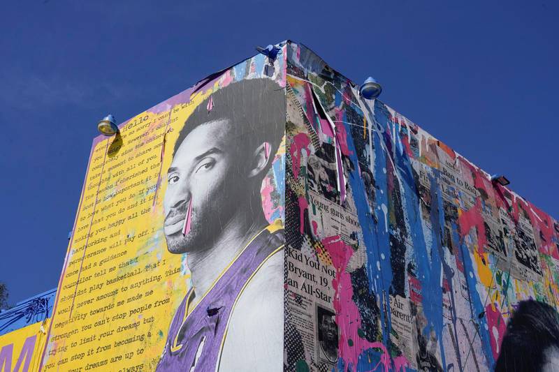 A mural of late NBA great Kobe Bryant is pictured during the public memorial for him, his daughter Gianna Bryant and seven others killed in a helicopter crash, at the Staples Center in Los Angeles, California, US, February 24, 2020. REUTERS