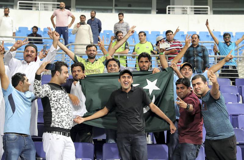 ABU DHABI , UNITED ARAB EMIRATES, October 06 , 2018 :- Supporters celebrating after Lahore Qalanders won the Final of Abu Dhabi T20 cricket match between Lahore Qalanders vs Multiply Titans held at Zayed Cricket Stadium in Abu Dhabi. ( Pawan Singh / The National )  For Sports/News/Instagram/Online. Story by Amith