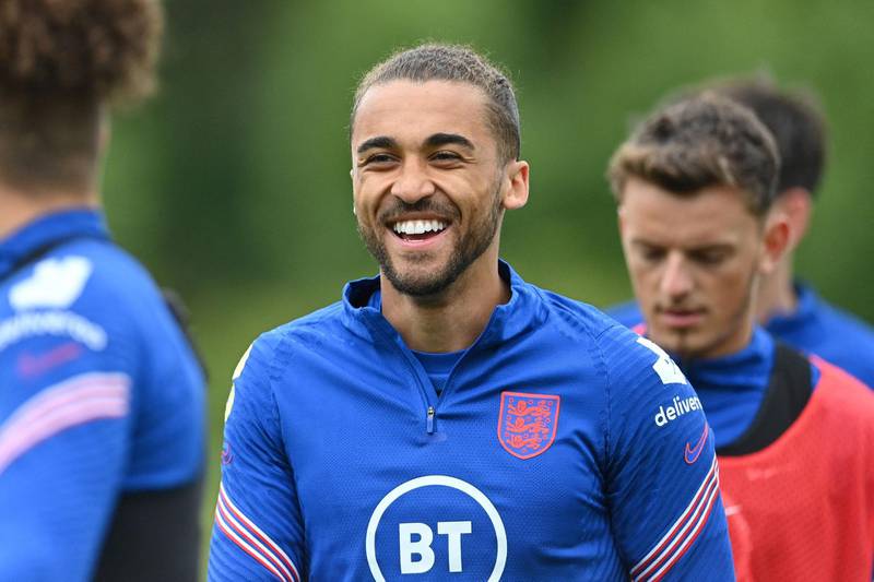 Forward Dominic Calvert-Lewin laughs during training at St George's Park ahead of England's Euro 2020 last 16 clash with Germany on Tuesday. AFP