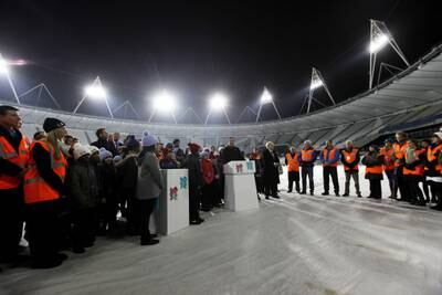 Britain's prime minister David Cameron makes a speech alongside London mayor Boris Johnson, after turning on the floodlights during an official switching-on ceremony at the Olympic Stadium in 2010.