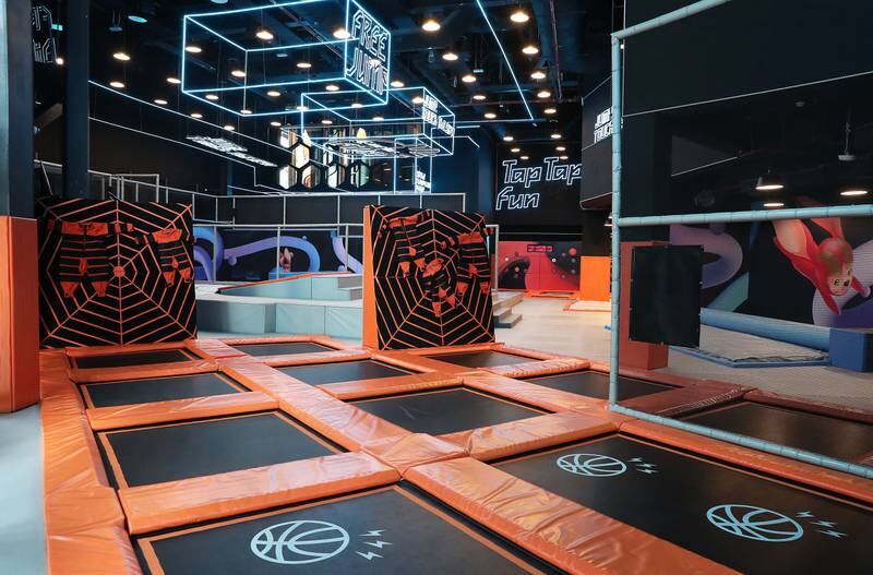 The trampoline park at the Tr88house, a family entertainment centre on Bluewaters Island in Dubai. Pawan Singh / The National