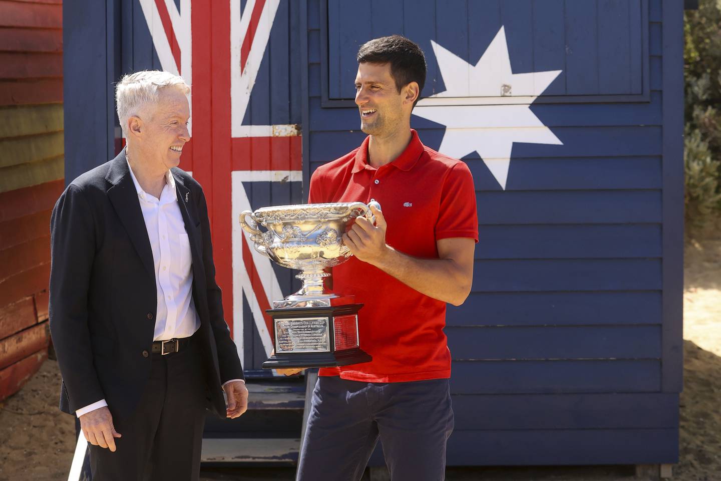 Craig Tiley alongside Novak Djokovic after the 2021 Australian Open. AP