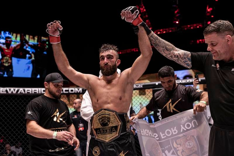 Mohammed Yahya after beating Souhil Tairi to retain his UAE Warriors Arabia lightweight title at Abu Dhabi's Etihad Arena, in February 2023. Photo: UAE Warriors
