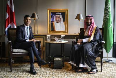 Mr Sunak and Crown Prince Mohammed during a bilateral meeting at the summit. AP