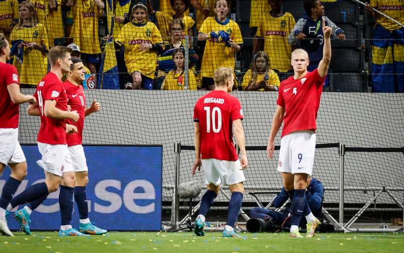 Erling Haaland celebrates scoring Norway's second goal during the Nations League match between Sweden and Norway at Friends Arena in Stockholm, Sweden, 05 June 2022. EPA
