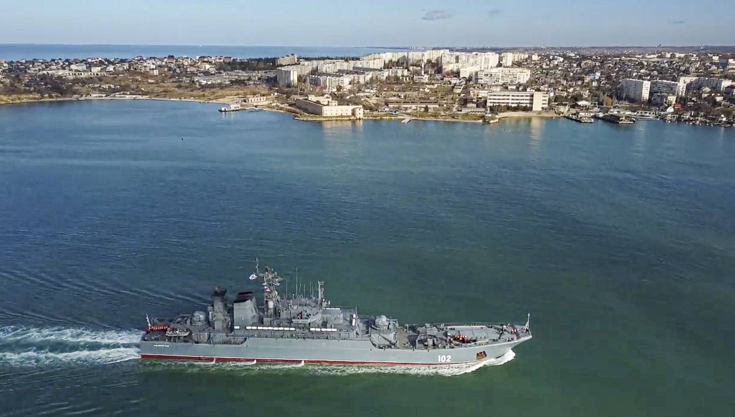 The Russian navy's amphibious assault ship Kaliningrad sails into the Sevastopol harbour in Crimea. AP 