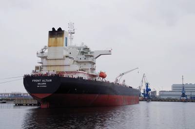 The Norwegian crude oil tanker Front Altair at the port of Muuga, Estonia, on April 29, 2018.  EPA