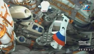 Russian humanoid robot Skybot F-850 (Fedor) is seen inside the Soyuz MS-14 spacecraft as it lifts off from the launch pad. EPA