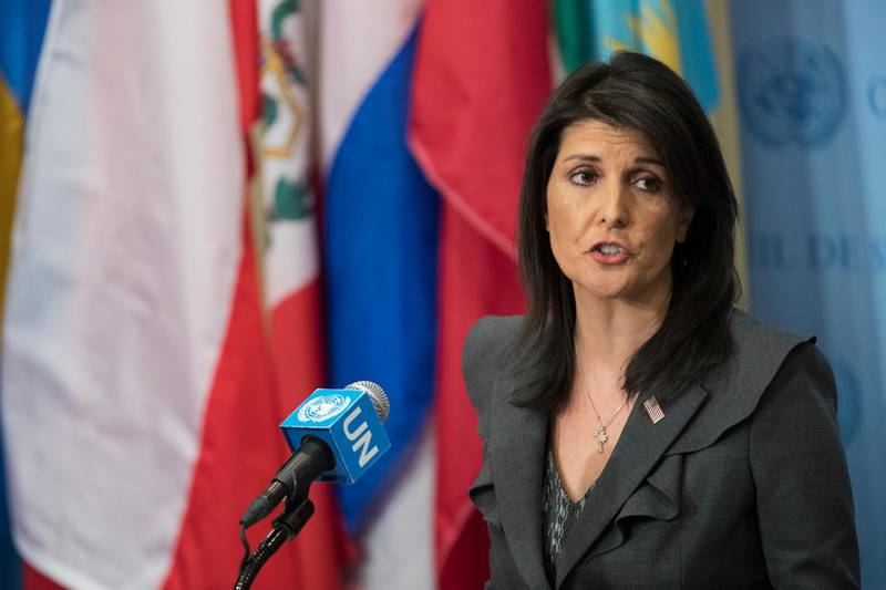 United States Ambassador to the United Nations Nikki Haley speaks to reporters Tuesday, Jan. 2, 2018, at United Nations headquarters. Haley said the U.S. is calling for U.N. Security Council and Human Rights Council emergency sessions on Iran. (AP Photo/Mary Altaffer)