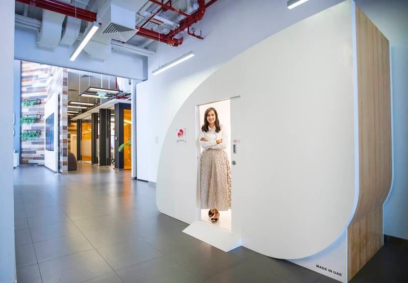 Perihan Abouzeid, founder of PeriCare, inside her flagship nursing pod. She says her spending habits have evolved since having a daughter. Leslie Pableo for The National