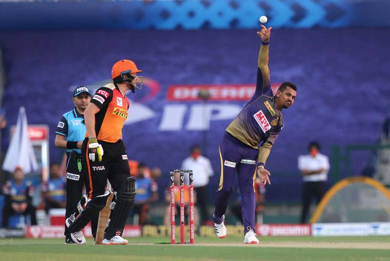 Sunil Narine of Kolkata Knight Riders bowls during match 8 of season 13 of Indian Premier League (IPL) between the Kolkata Knight Riders and the Sunrisers Hyderabad held at the Sheikh Zayed Stadium, Abu Dhabi  in the United Arab Emirates on the 26th September 2020.  Photo by: Pankaj Nangia  / Sportzpics for BCCI