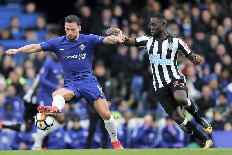 Chelsea's English midfielder Danny Drinkwater (L) vies with Newcastle United's Senegalese midfielder Henri Saivet during the English FA Cup fourth round football match between Chelsea and Newcastle United at Stamford Bridge in London on January 28, 2018. (Photo by Adrian DENNIS / AFP) / RESTRICTED TO EDITORIAL USE. No use with unauthorized audio, video, data, fixture lists, club/league logos or 'live' services. Online in-match use limited to 75 images, no video emulation. No use in betting, games or single club/league/player publications. / 