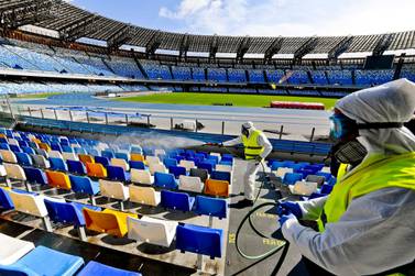 Napoli's Stadio San Paolo is sprayed with disinfectant on March 4 as a precaution against the coronavirus. EPA