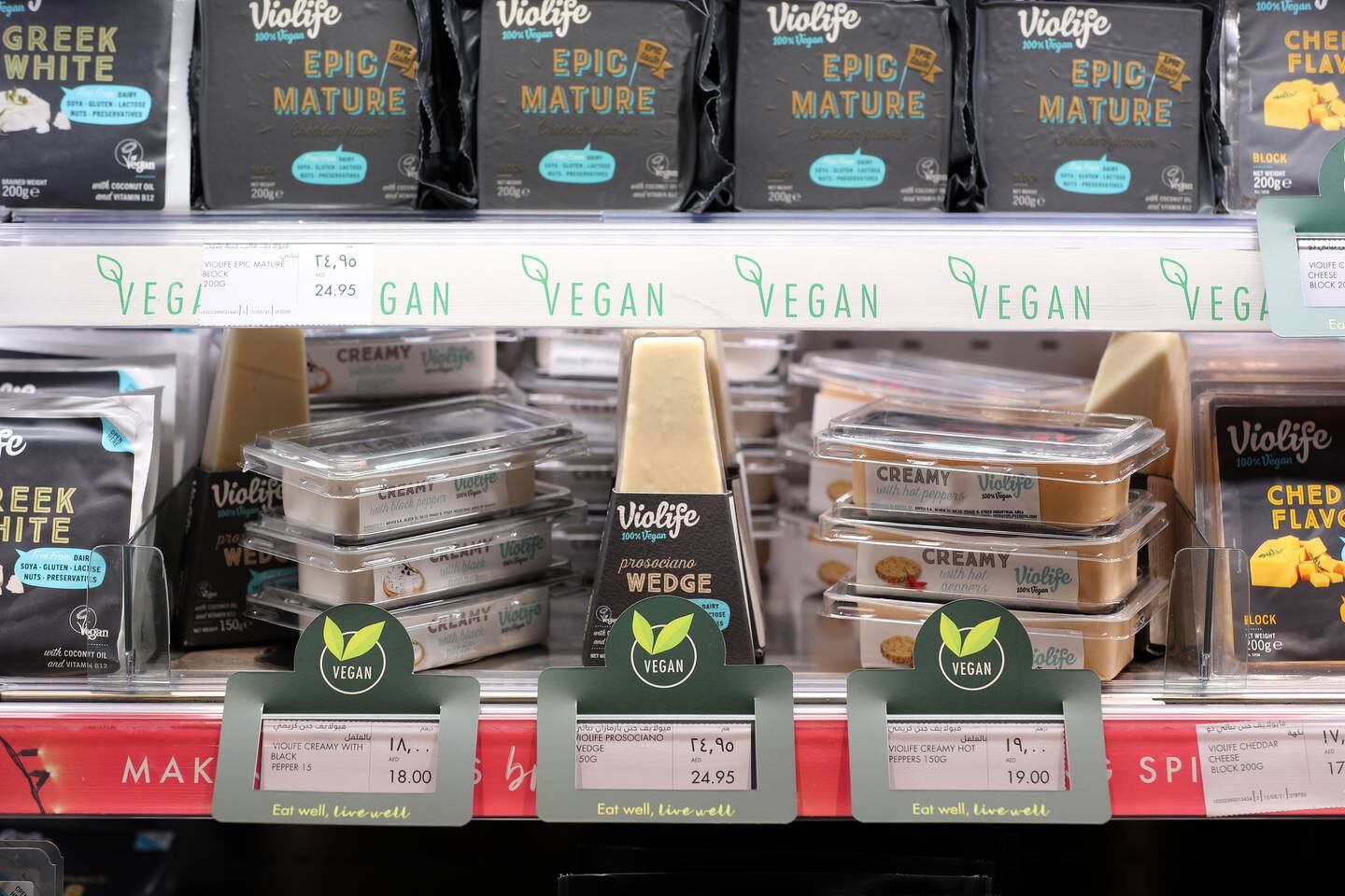 Vegan cheese at Spinney's first sustainable concept store located in Layan, Dubai. Chris Whiteoak / The National