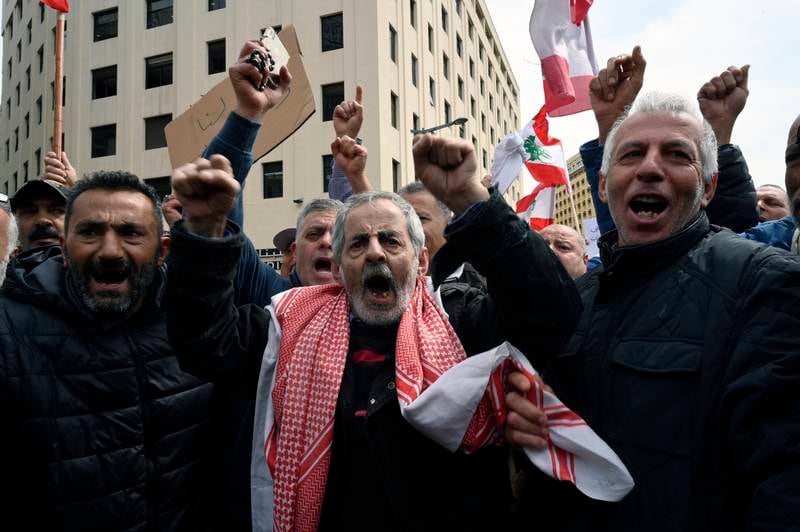 Retired Lebanese security force members at a protest in downtown Beirut to demand inflation adjustments to their pensions. EPA