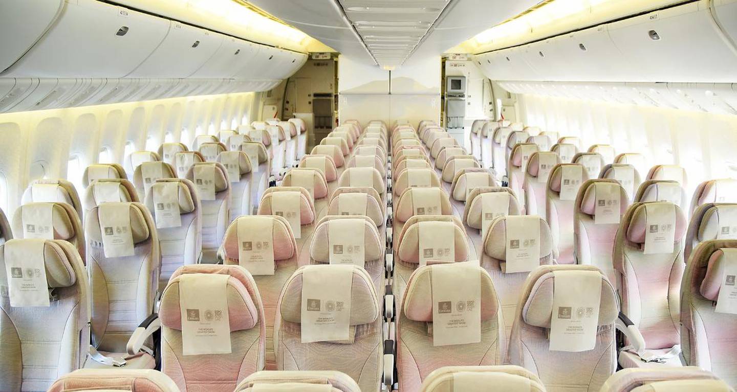 Emirates' Boeing 777-300ER economy class before the plane is modified. Courtesy Emirates