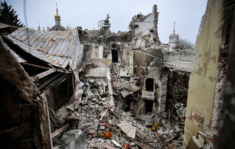 The partially destroyed Mariupol drama theatre in Ukraine, hit on March 16 by an air strike. AFP