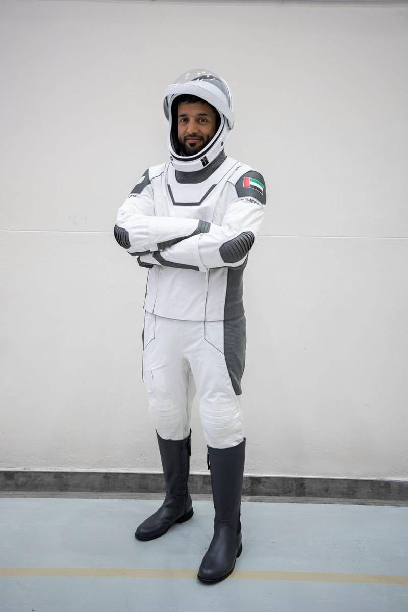 Dr Al Neyadi wearing a SpaceX pressure suit, which he will wear during his flight to the International Space Station on February 26 and on his flight back to Earth six months later.