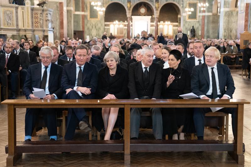 Former UK prime ministers Sir John Major, David Cameron and Theresa May, Speaker of the House of Commons Sir Lindsay Hoyle, Home Secretary Priti Patel and Prime Minister Boris Johnson attend the service. PA