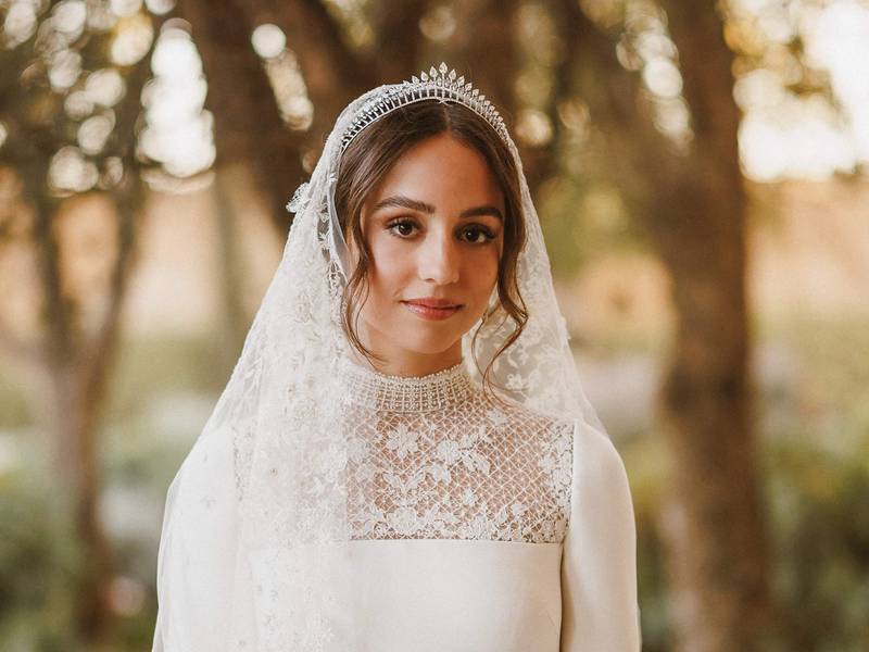 Jordan's Princess Iman wears lace Dior gown and tiara to marry Jameel ...