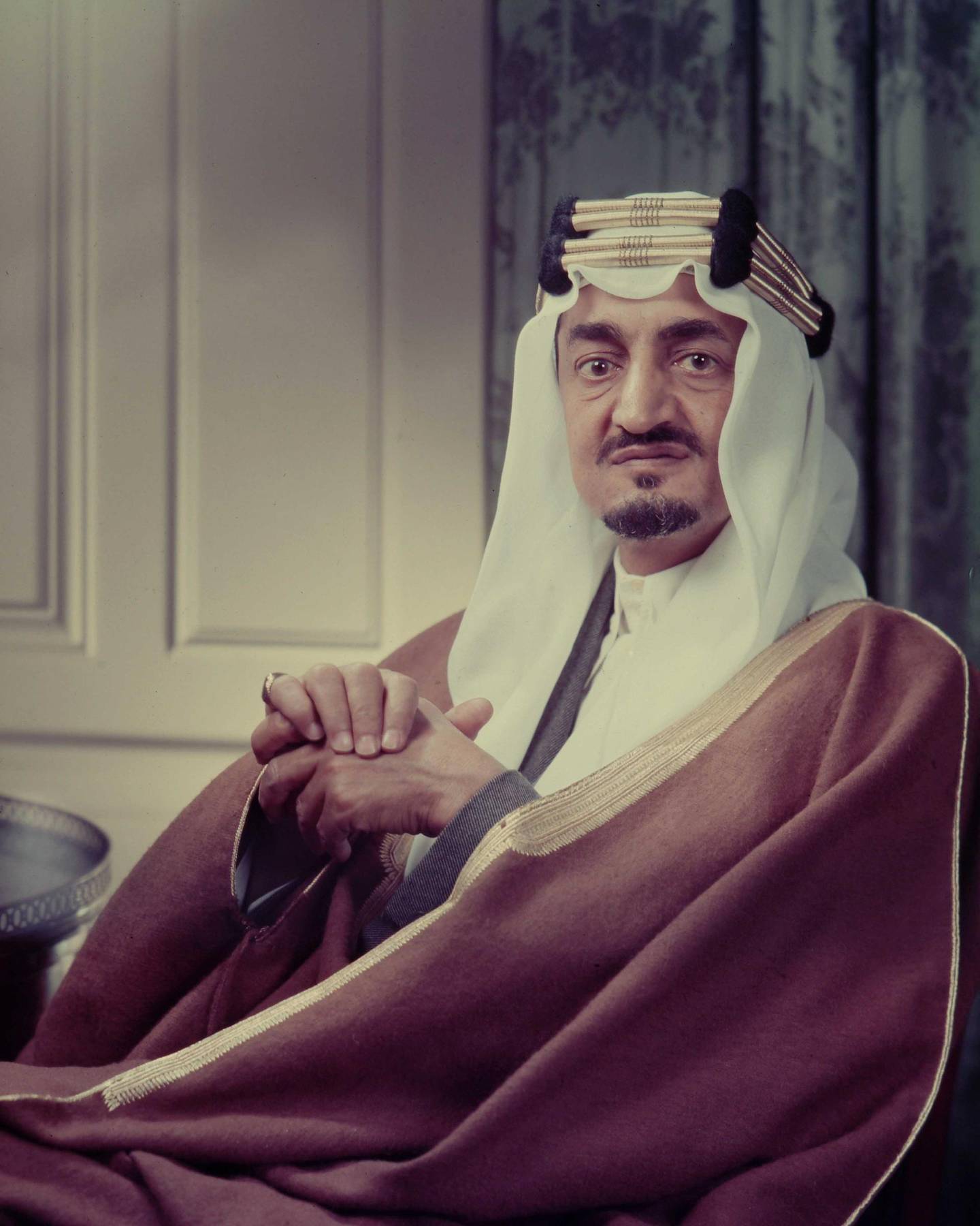 A portrait of the Saudi Arabian King Faisal ibn Abdul Aziz Al Saud (1906 - 1975) wearing a traditional headdress, United States, mid-20th century. (Photo by Bachrach/Getty Images)