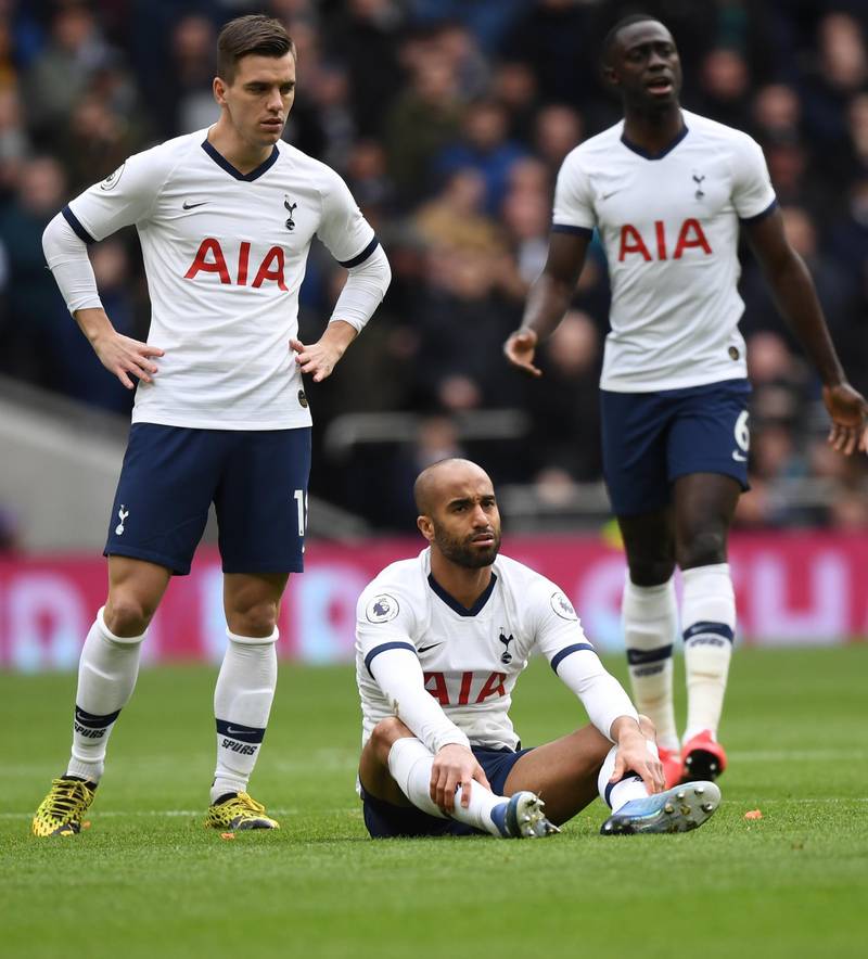 Lucas Moura, centre, of Tottenham Hotspur at the final whistle. EPA